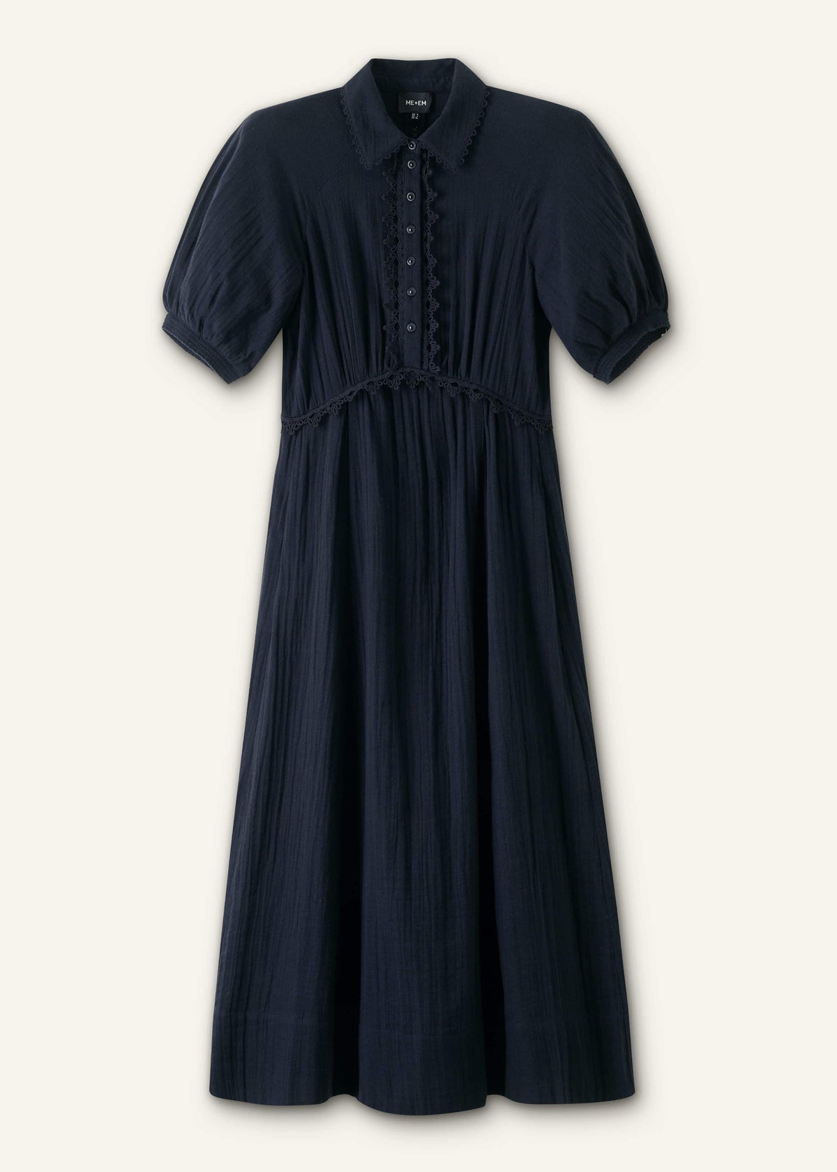 ME+EM Clothing Navy Cheesecloth Intricate Detail Fit + Flare Midi Dress