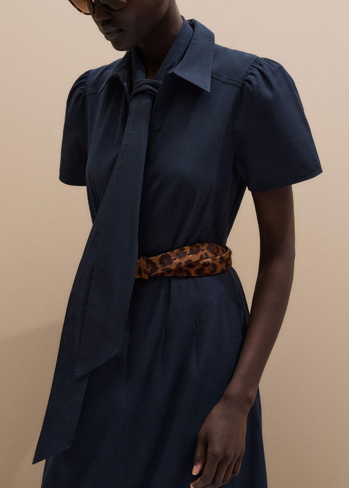 ME+EM Clothing Navy Cotton Seersucker Fit + Flare Midi Dress