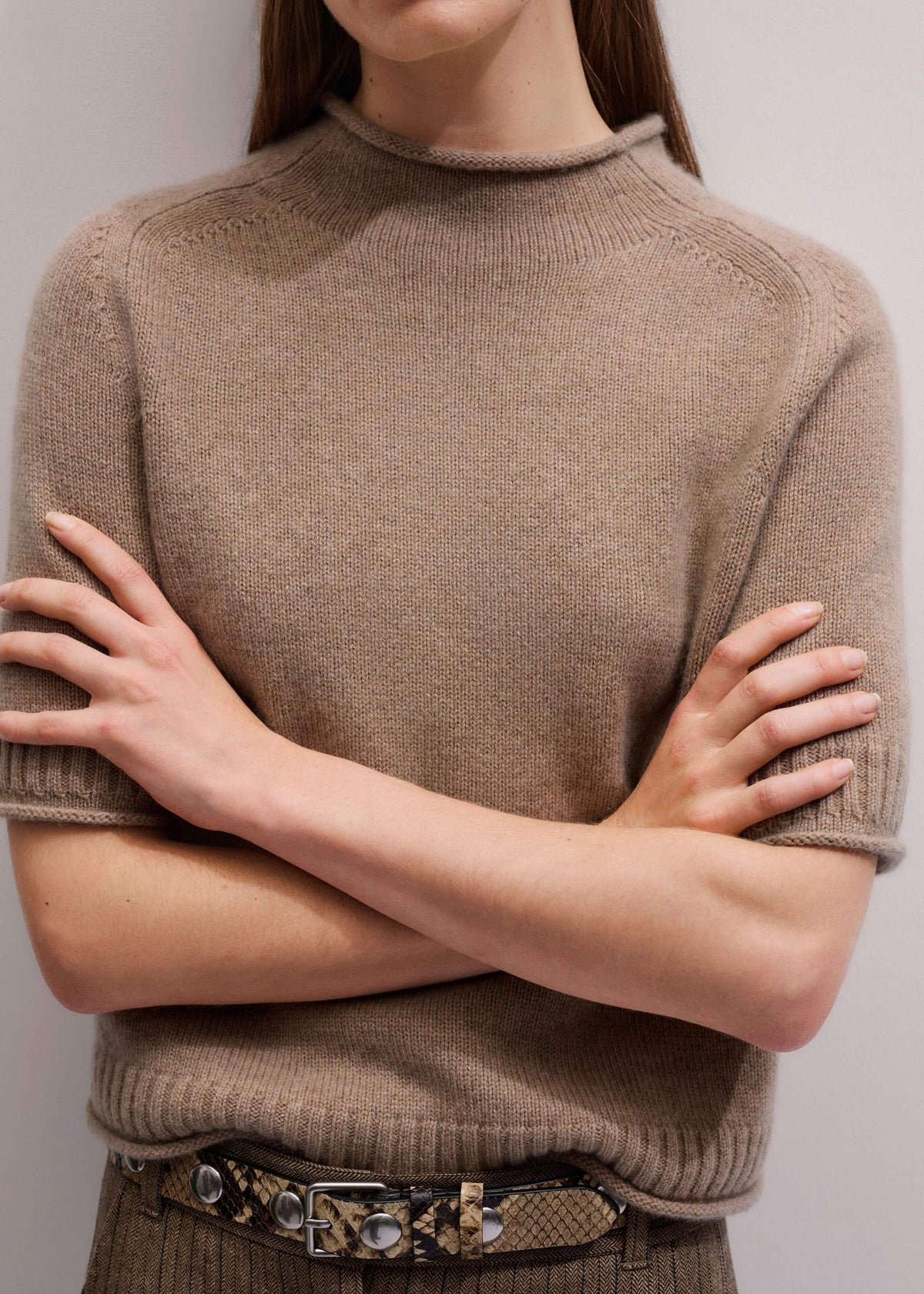 ME+EM Clothing Brown Cashmere Roll Trim Knit Tee