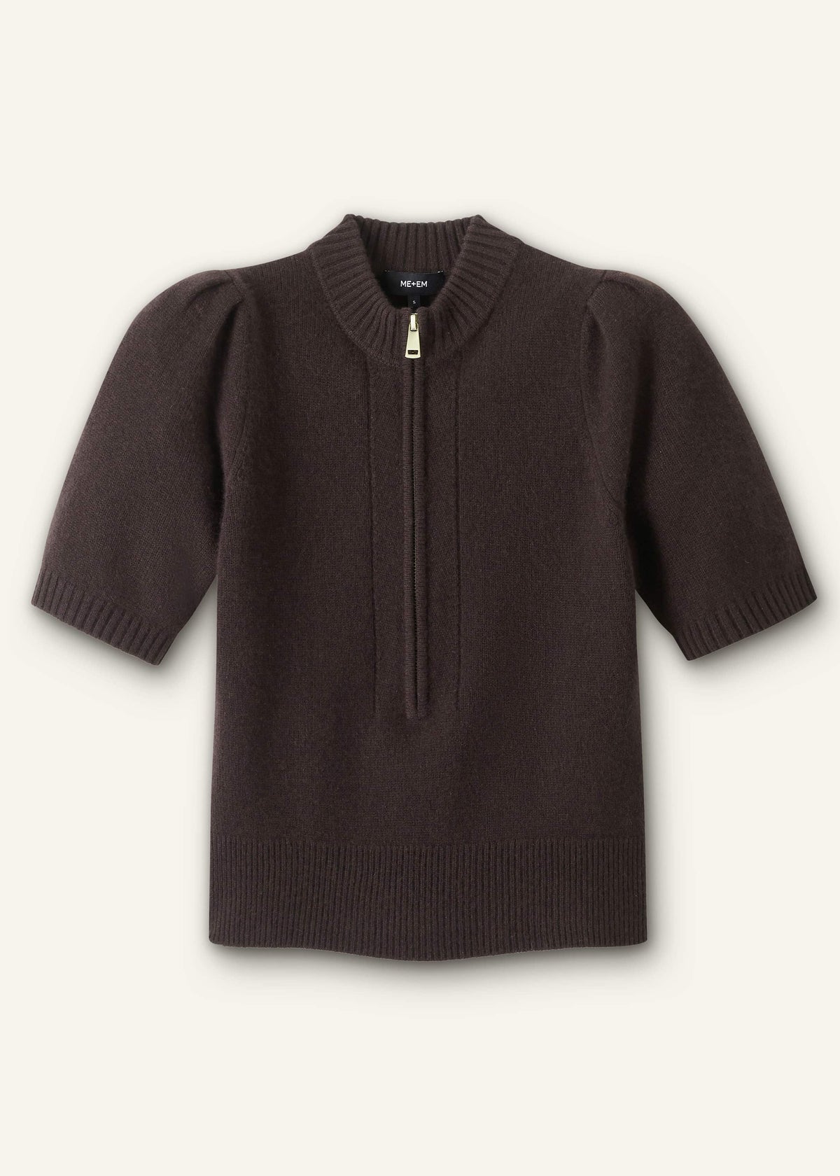 ME+EM Clothing Brown Cashmere Zip Neck Pouf Sleeve Knit Tee