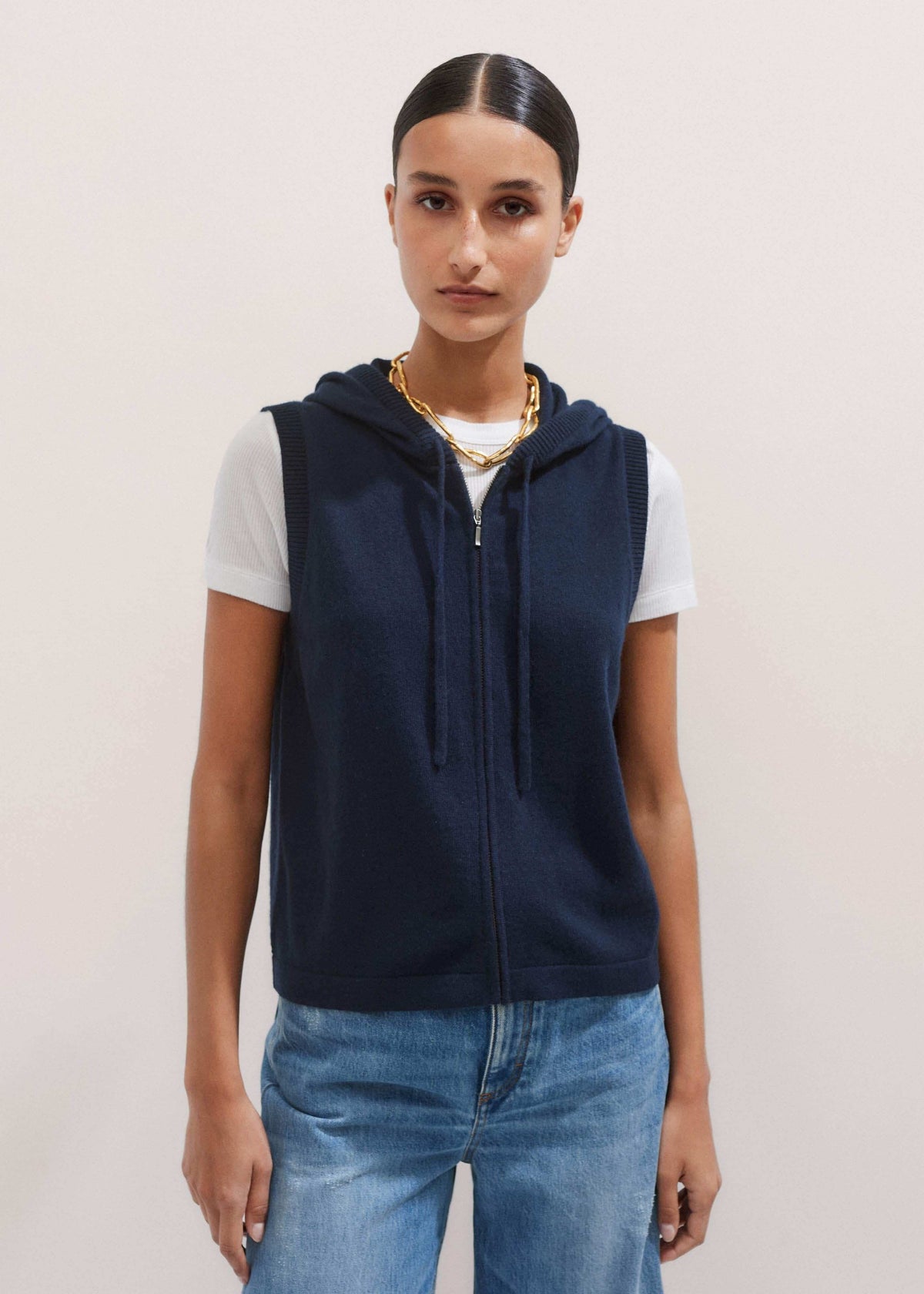 ME+EM Clothing Navy Icon Cashmere Sleeveless Blazer Hoodie | Knitwear
