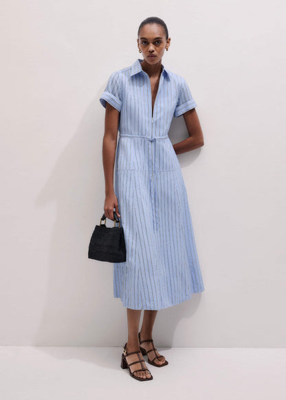 ME+EM Clothing Blue Drawstring Waist Zip Neck Maxi Shirt Dress