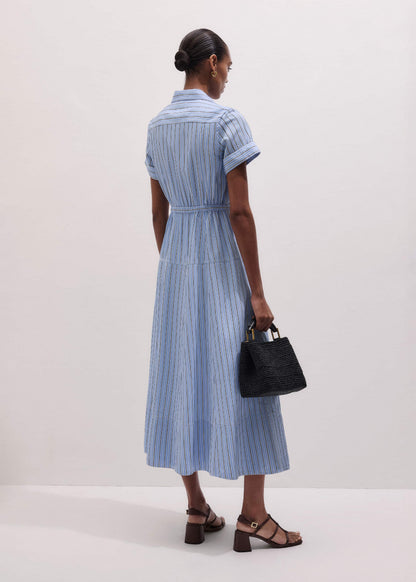 ME+EM Clothing Blue Drawstring Waist Zip Neck Maxi Shirt Dress