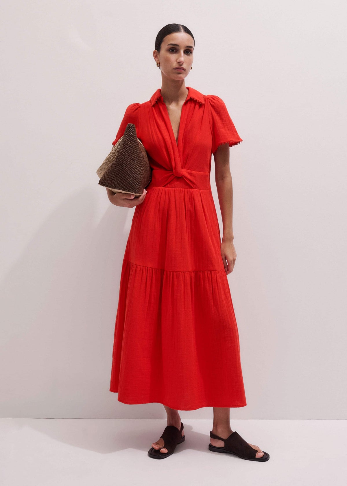 ME+EM Clothing Red Cheesecloth Twist Detail Fit + Flare Maxi Dress