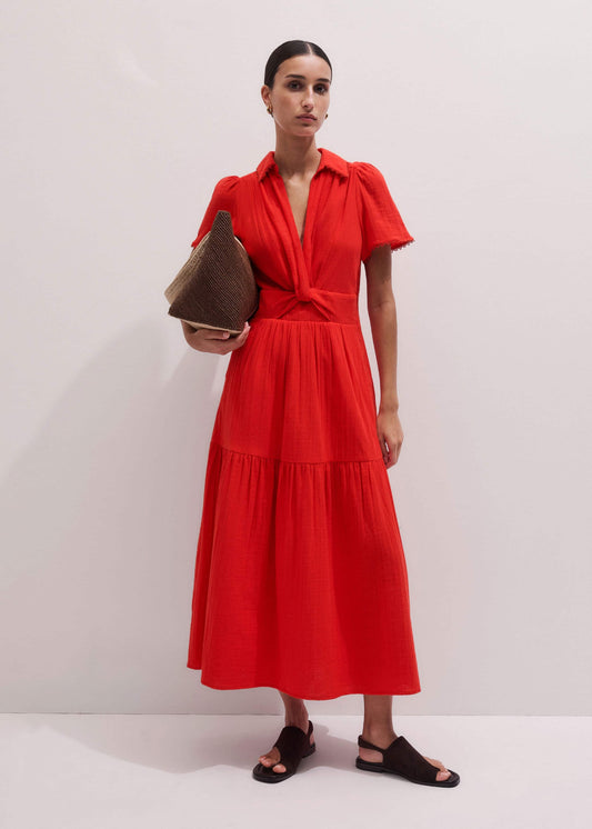 ME+EM Clothing Red Cheesecloth Twist Detail Fit + Flare Maxi Dress
