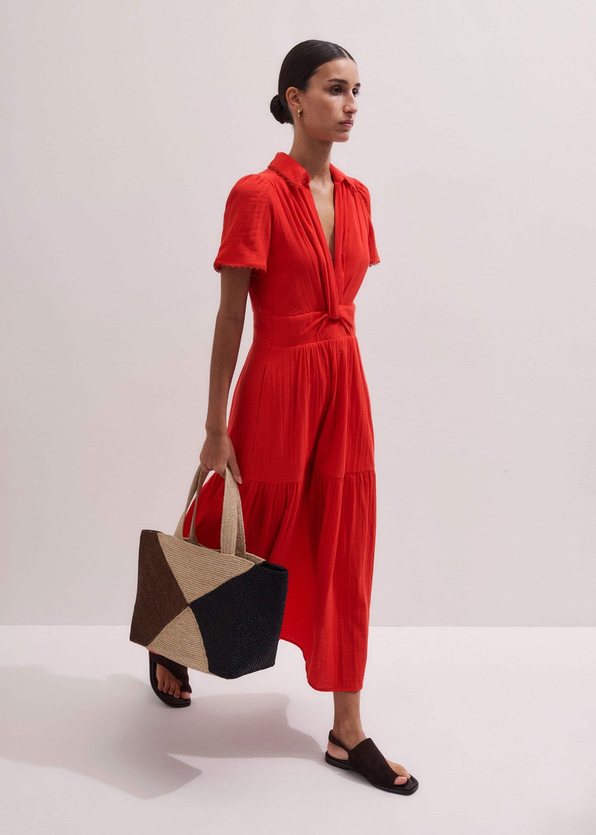 ME+EM Clothing Red Cheesecloth Twist Detail Fit + Flare Maxi Dress