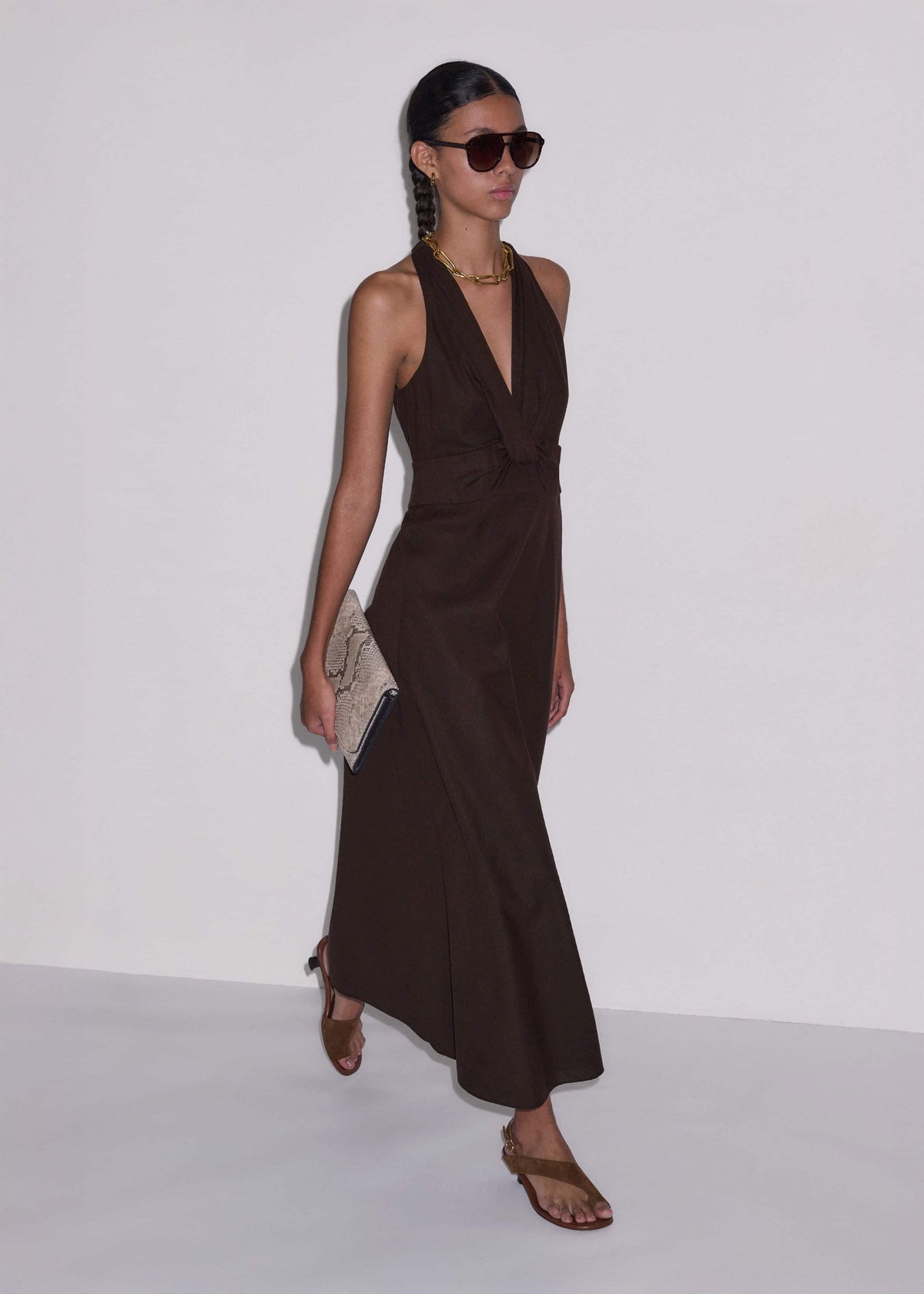 ME+EM Clothing Brown Crease-Less Linen Twist Front Maxi Dress