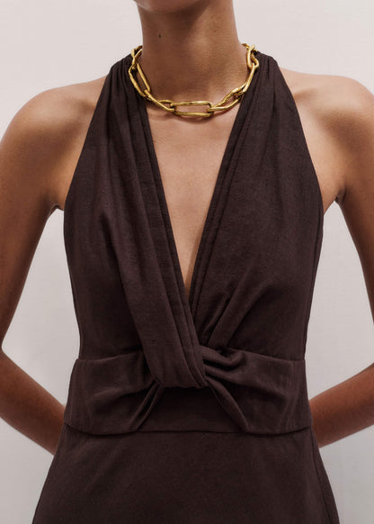 ME+EM Clothing Brown Crease-Less Linen Twist Front Maxi Dress