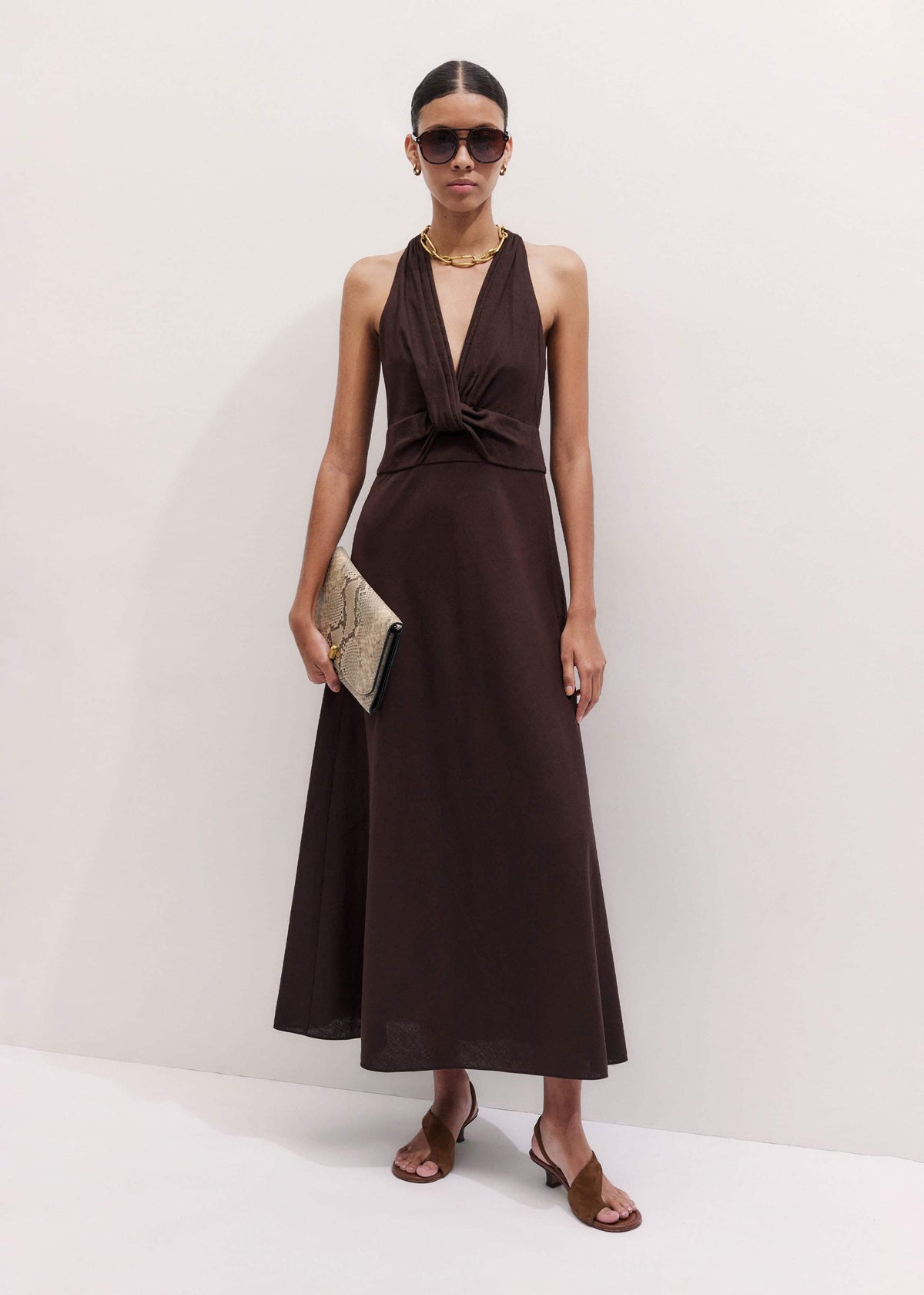 ME+EM Clothing Brown Crease-Less Linen Twist Front Maxi Dress