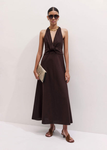 ME+EM Clothing Brown Crease-Less Linen Twist Front Maxi Dress