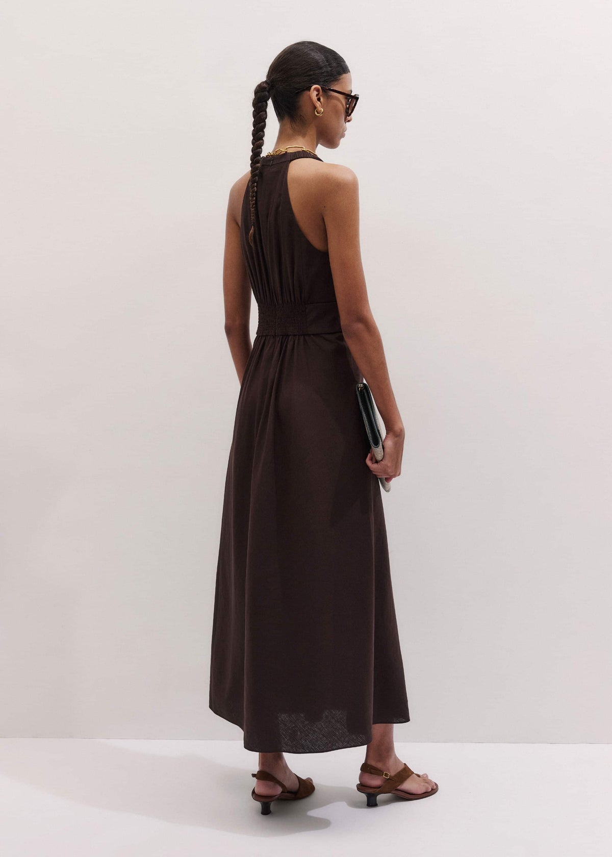 ME+EM Clothing Brown Crease-Less Linen Twist Front Maxi Dress