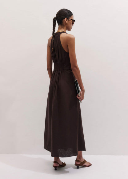 ME+EM Clothing Brown Crease-Less Linen Twist Front Maxi Dress