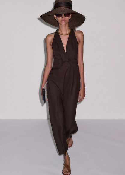 ME+EM Clothing Brown Crease-Less Linen Twist Front Maxi Dress