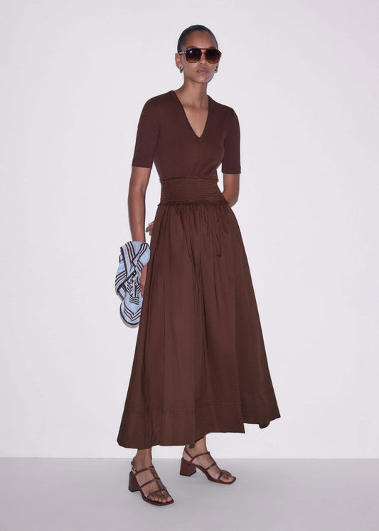 ME+EM Clothing Cinnamon V-Neck Smocked Skirt Mixed Media Maxi Dress