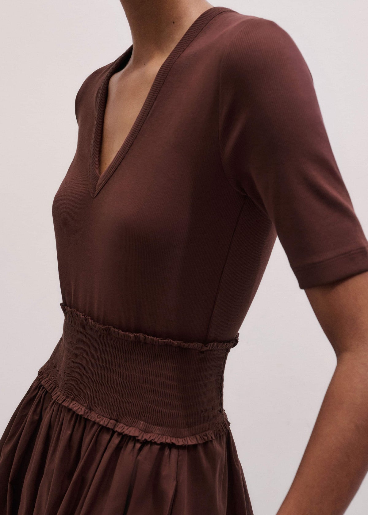 ME+EM Clothing Cinnamon V-Neck Smocked Skirt Mixed Media Maxi Dress