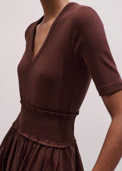 ME+EM Clothing Cinnamon V-Neck Smocked Skirt Mixed Media Maxi Dress