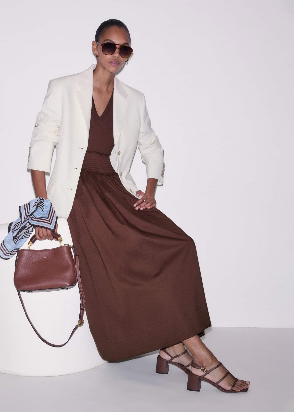 ME+EM Clothing Cinnamon V-Neck Smocked Skirt Mixed Media Maxi Dress