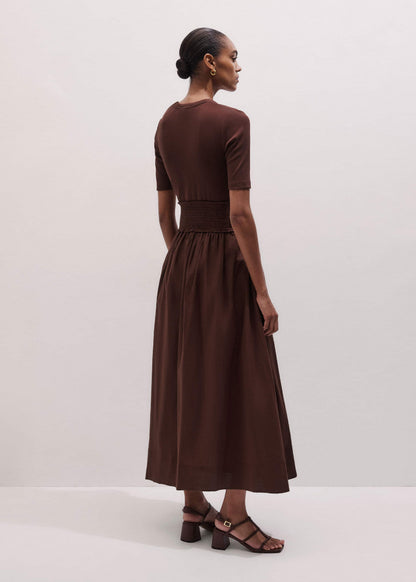 ME+EM Clothing Cinnamon V-Neck Smocked Skirt Mixed Media Maxi Dress