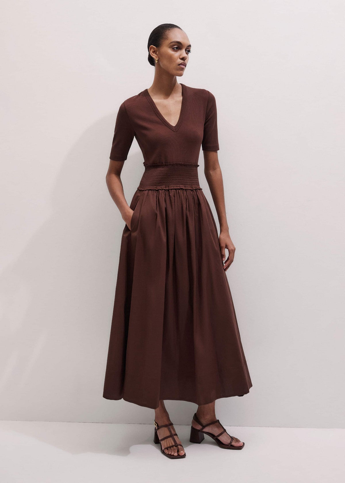 ME+EM Clothing Cinnamon V-Neck Smocked Skirt Mixed Media Maxi Dress