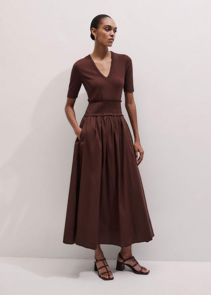 ME+EM Clothing Cinnamon V-Neck Smocked Skirt Mixed Media Maxi Dress