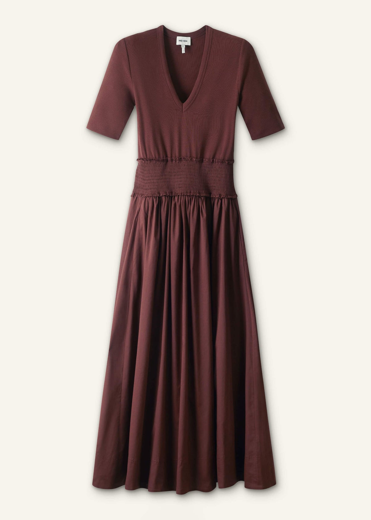 ME+EM Clothing Cinnamon V-Neck Smocked Skirt Mixed Media Maxi Dress