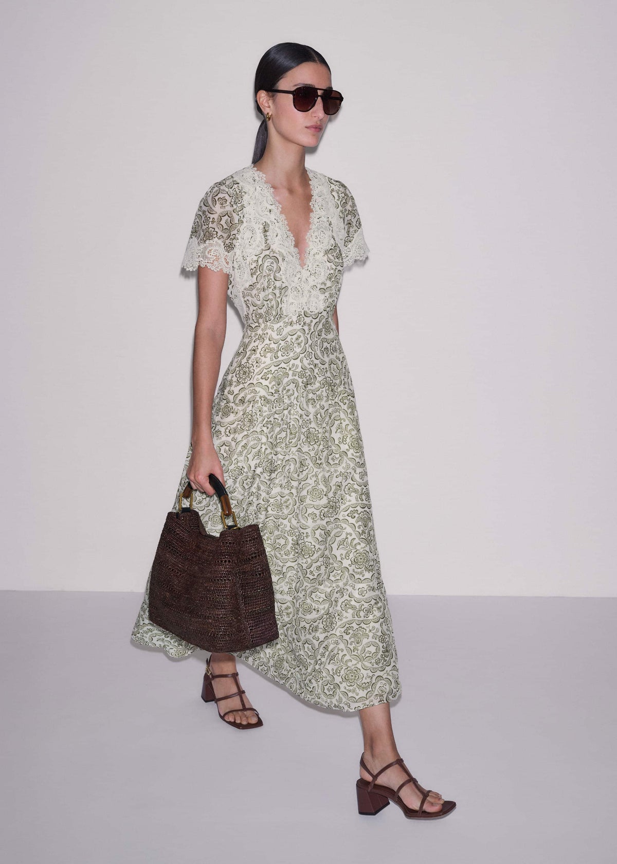 ME+EM Clothing Green Silk Cotton Lace Trim Maxi Dress