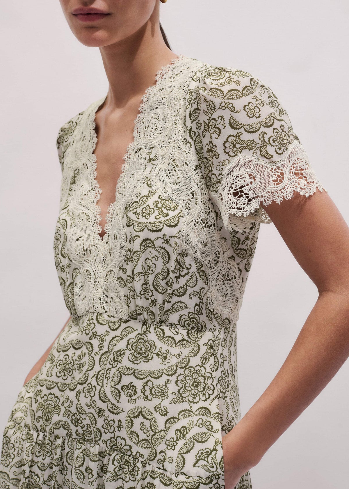ME+EM Clothing Green Silk Cotton Lace Trim Maxi Dress