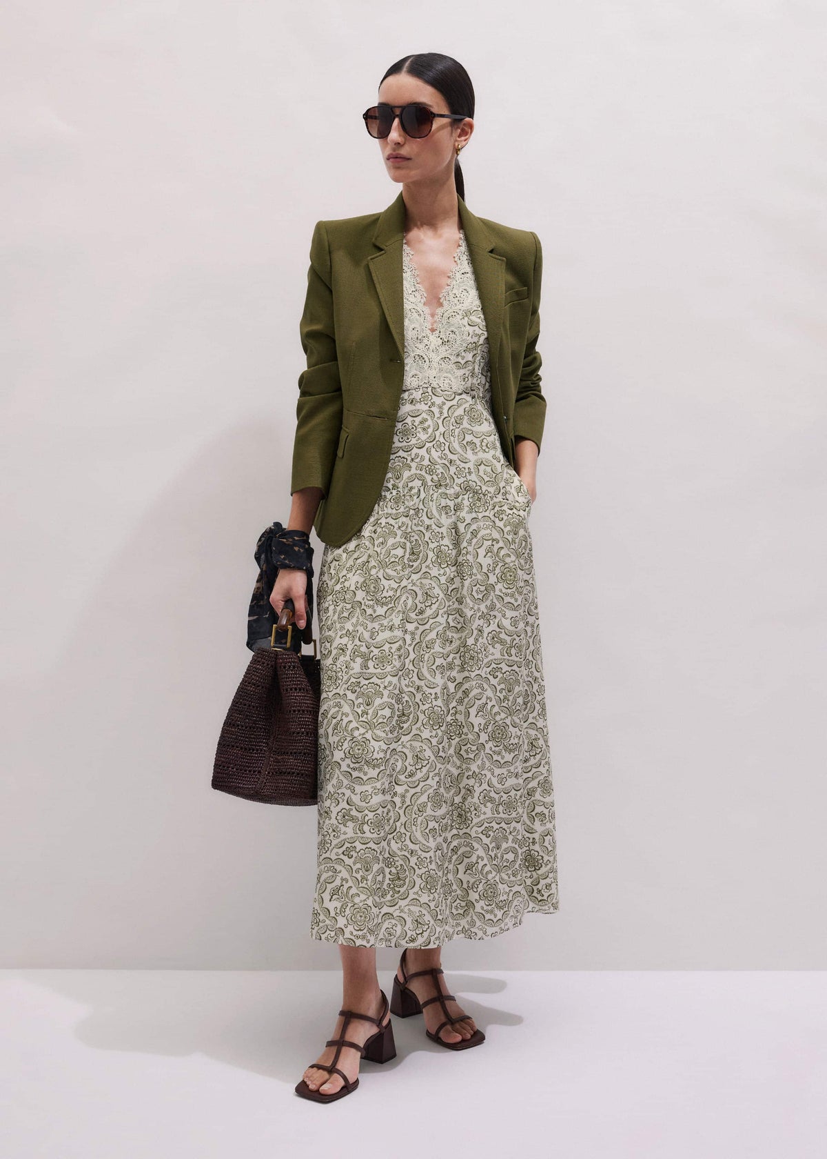 ME+EM Clothing Green Silk Cotton Lace Trim Maxi Dress