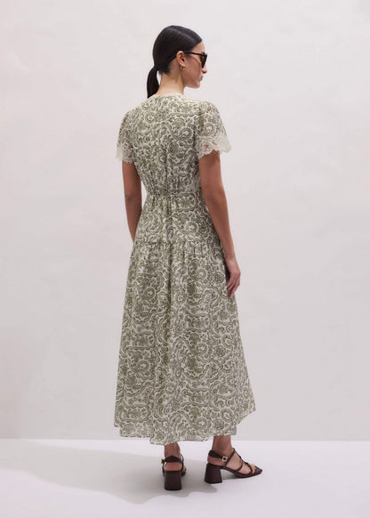 ME+EM Clothing Green Silk Cotton Lace Trim Maxi Dress