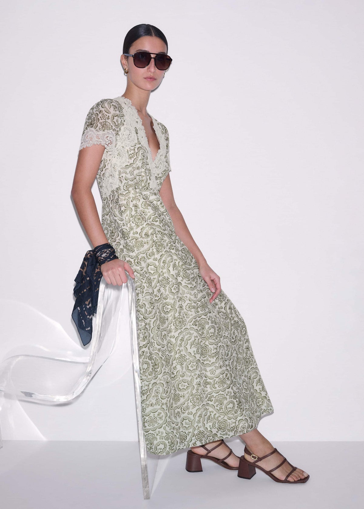 ME+EM Clothing Green Silk Cotton Lace Trim Maxi Dress