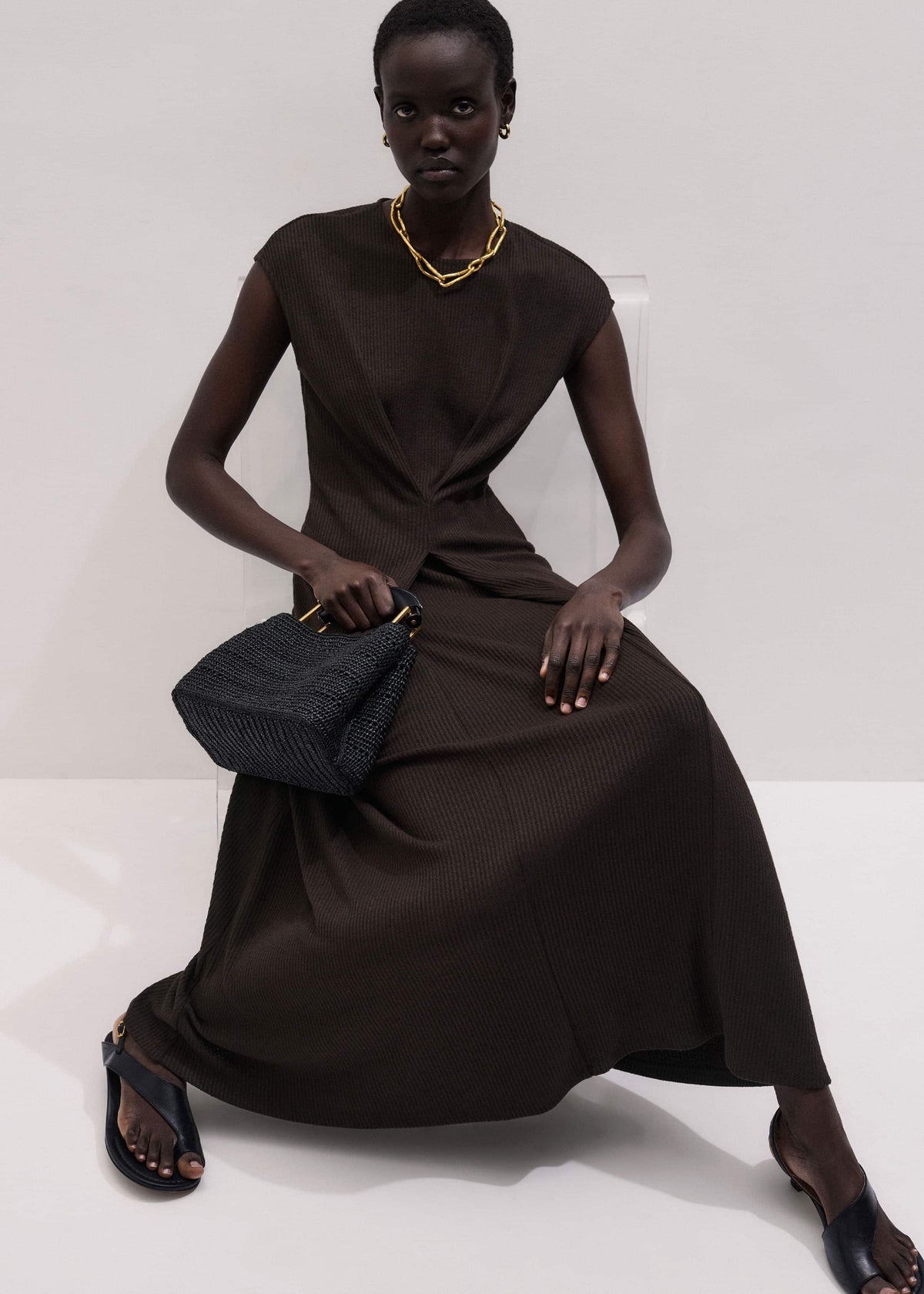 ME+EM Clothing Brown Draped Waist Clever Pleat Maxi Dress