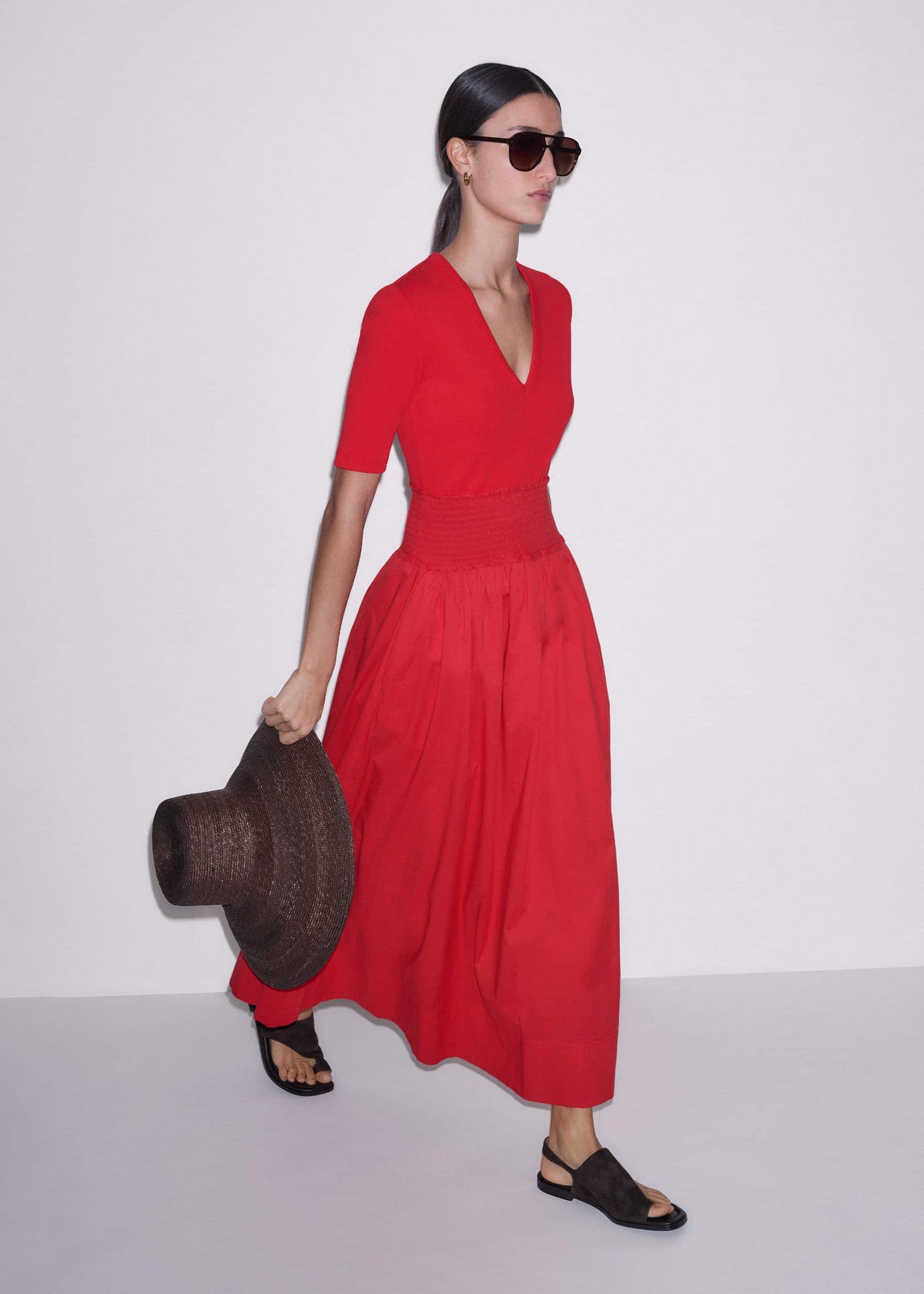 ME+EM Clothing Red V-Neck Smocked Skirt Mixed Media Maxi Dress
