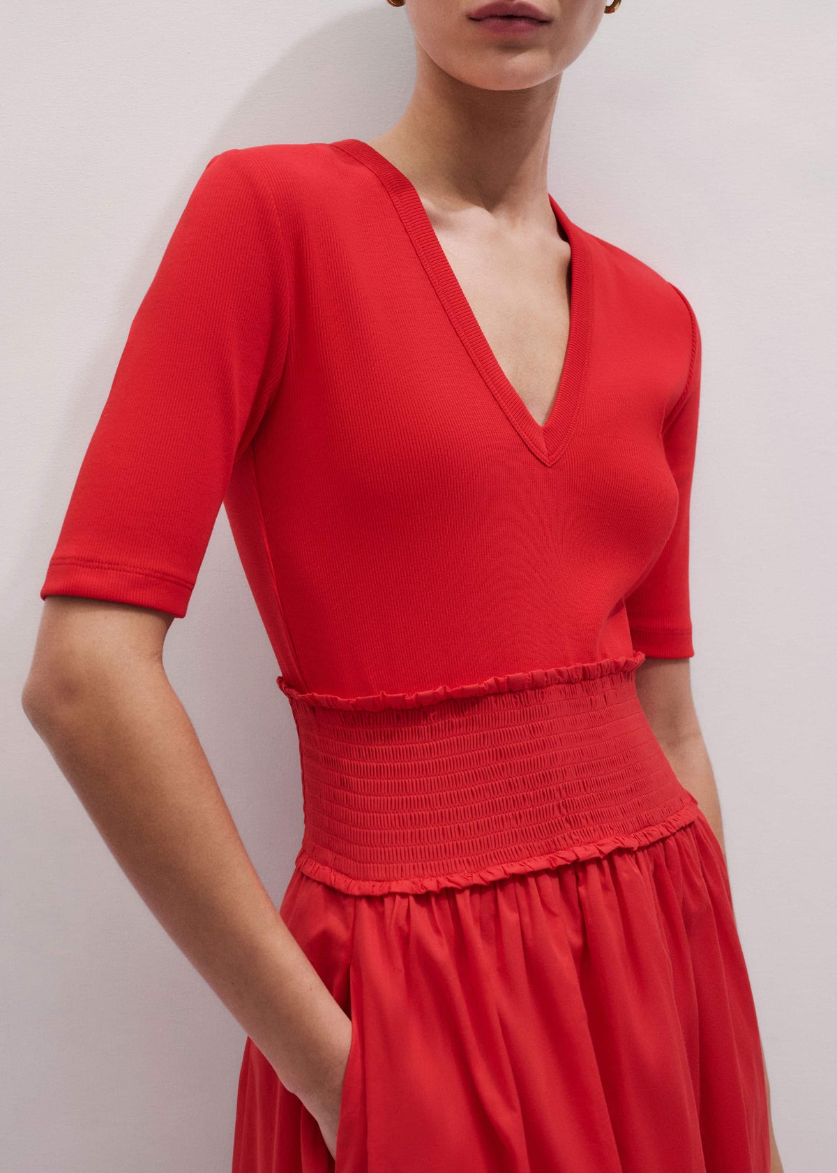 ME+EM Clothing Red V-Neck Smocked Skirt Mixed Media Maxi Dress