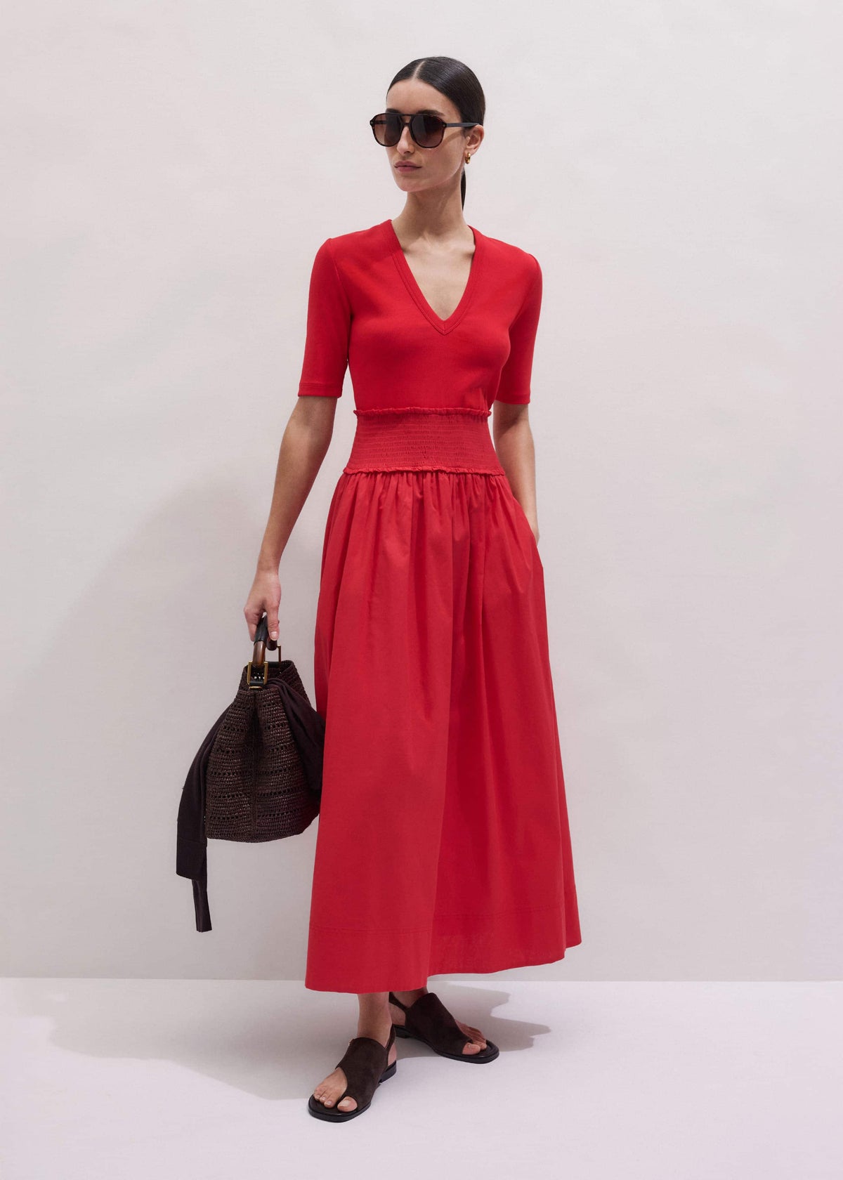 ME+EM Clothing Red V-Neck Smocked Skirt Mixed Media Maxi Dress