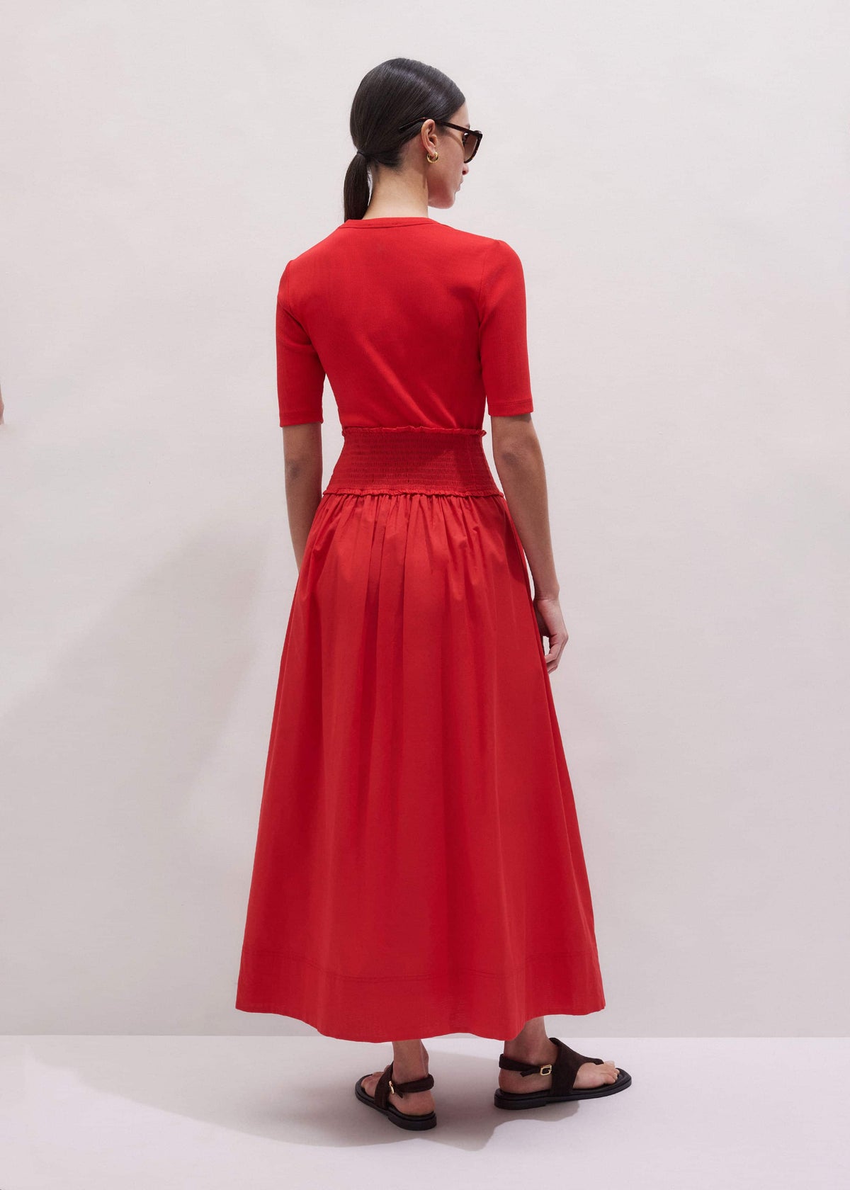 ME+EM Clothing Red V-Neck Smocked Skirt Mixed Media Maxi Dress