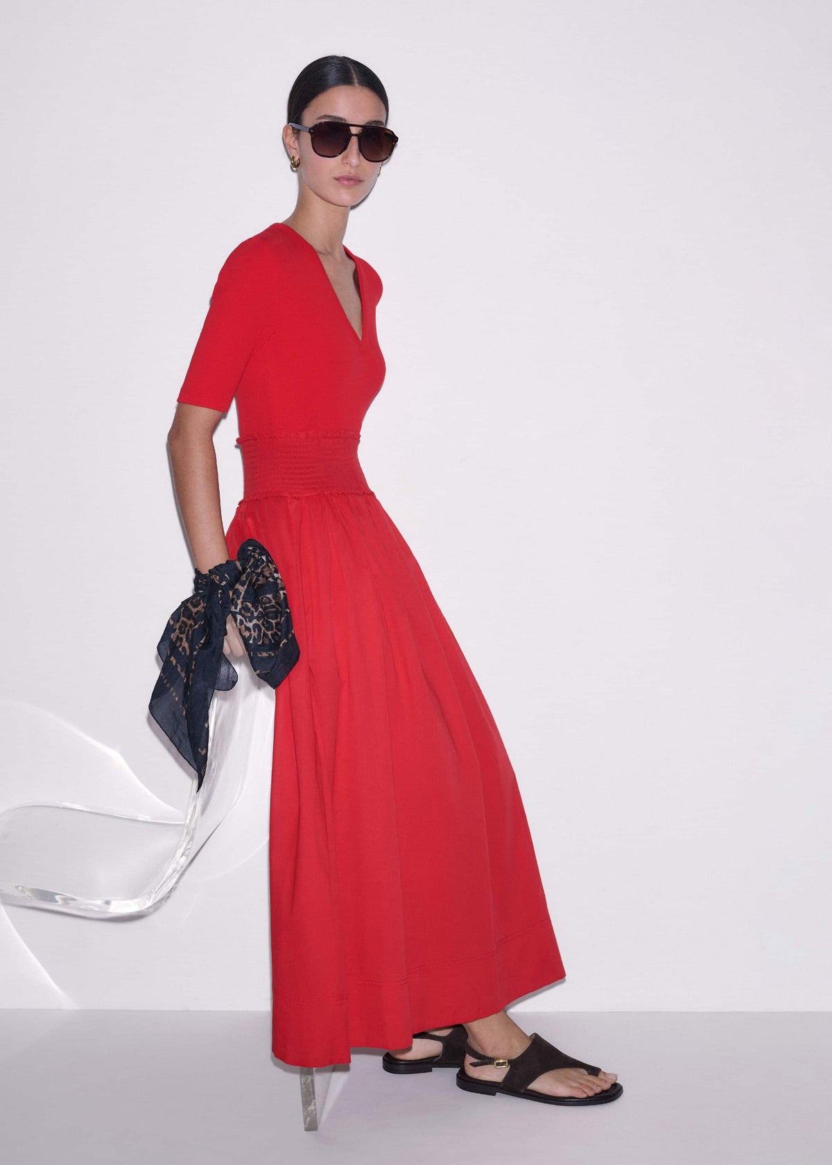 ME+EM Clothing Red V-Neck Smocked Skirt Mixed Media Maxi Dress