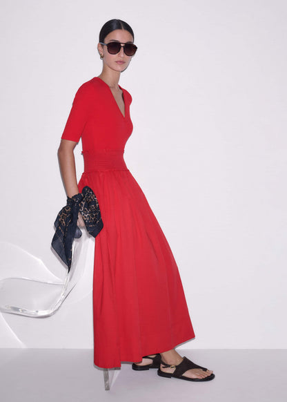 ME+EM Clothing Red V-Neck Smocked Skirt Mixed Media Maxi Dress