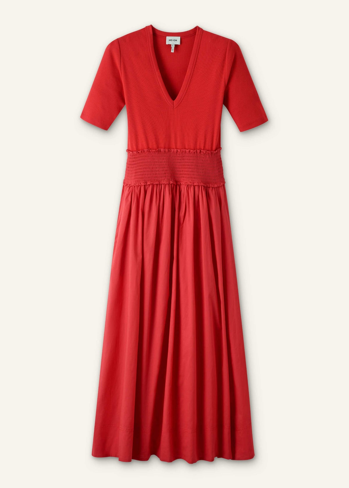 ME+EM Clothing Red V-Neck Smocked Skirt Mixed Media Maxi Dress