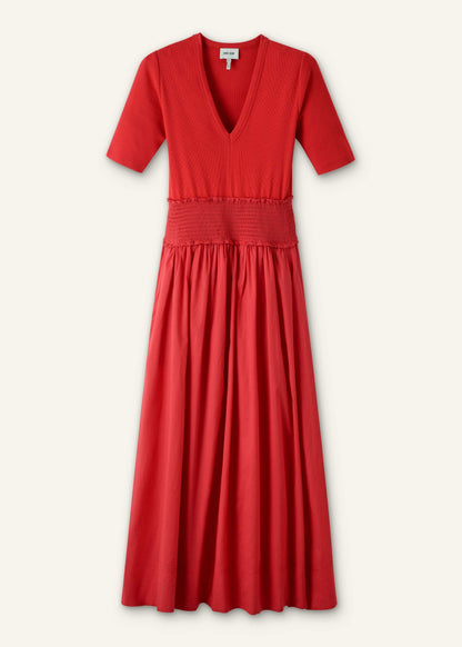 ME+EM Clothing Red V-Neck Smocked Skirt Mixed Media Maxi Dress