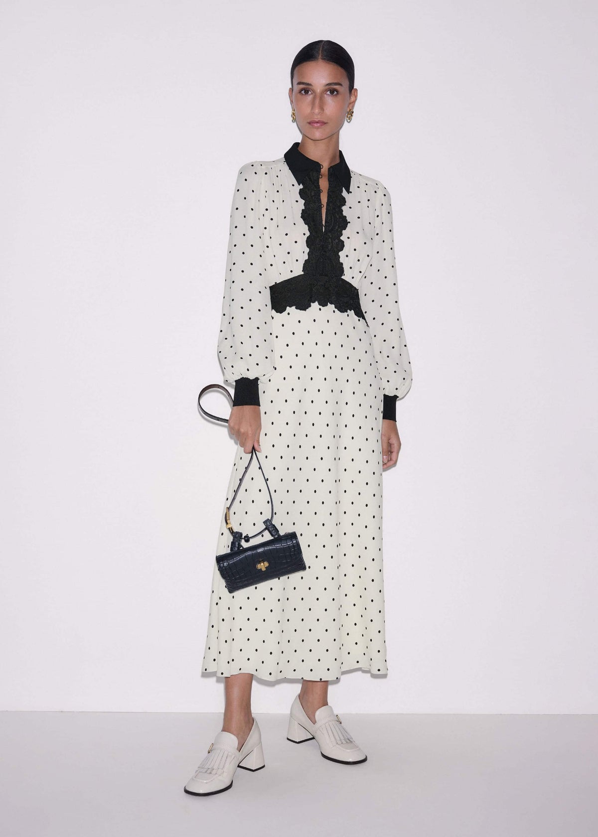 ME+EM Clothing Cream Winter Polka Dot Lace Trim Maxi Dress