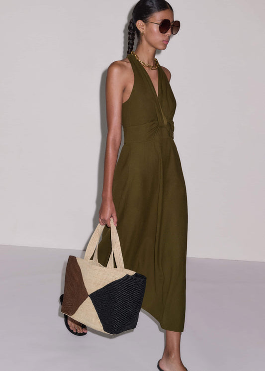 ME+EM Clothing Olive Green Crease-Less Linen Twist Front Maxi Dress
