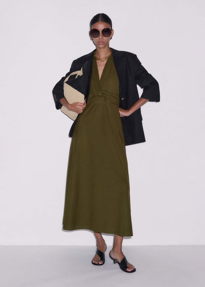 ME+EM Clothing Olive Green Crease-Less Linen Twist Front Maxi Dress