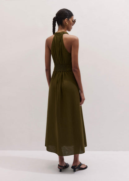 ME+EM Clothing Olive Green Crease-Less Linen Twist Front Maxi Dress