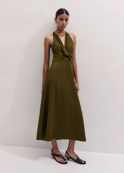 ME+EM Clothing Olive Green Crease-Less Linen Twist Front Maxi Dress