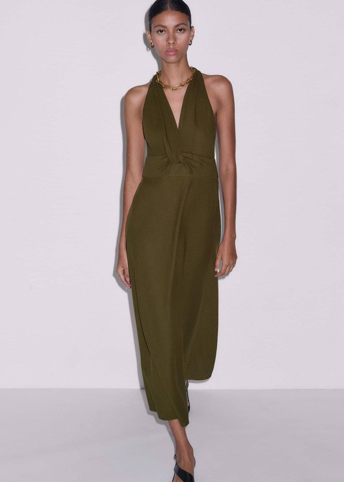 ME+EM Clothing Olive Green Crease-Less Linen Twist Front Maxi Dress