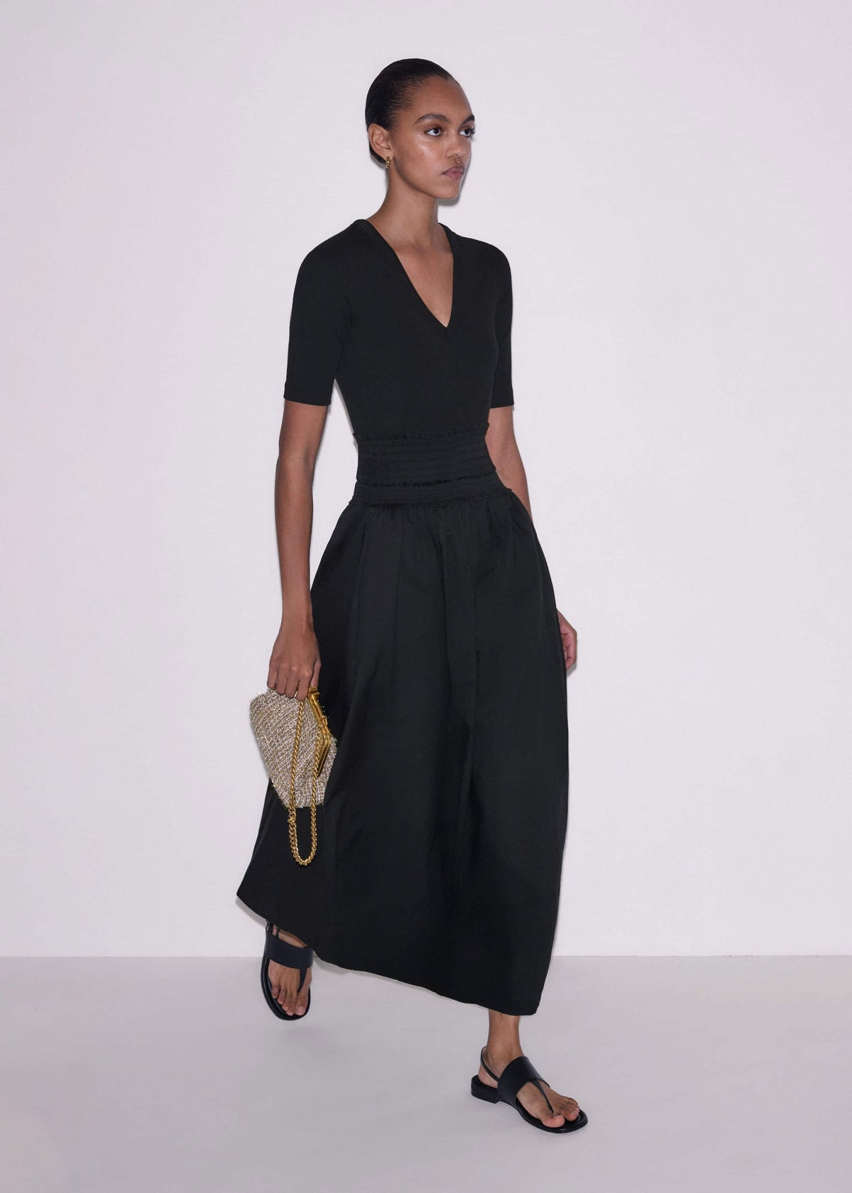ME+EM Clothing Black V-Neck Smocked Skirt Mixed Media Maxi Dress