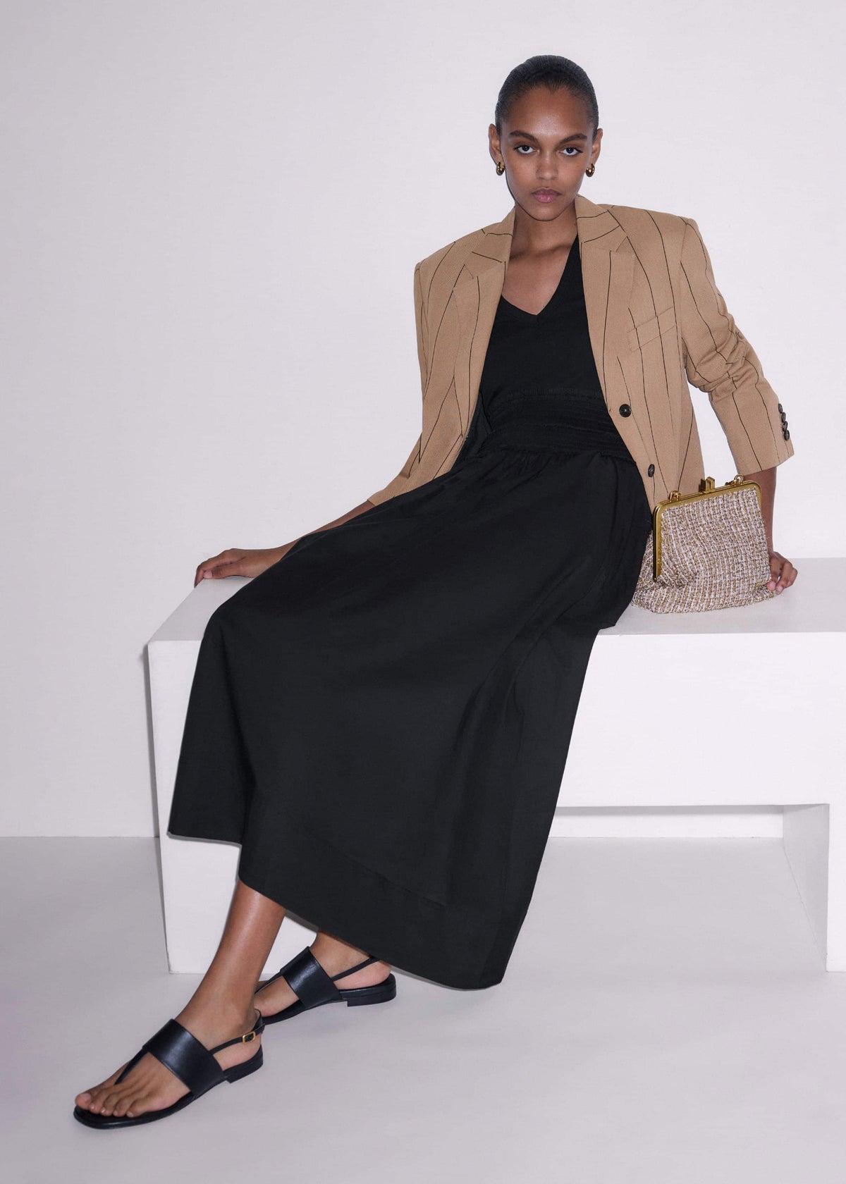 ME+EM Clothing Black V-Neck Smocked Skirt Mixed Media Maxi Dress