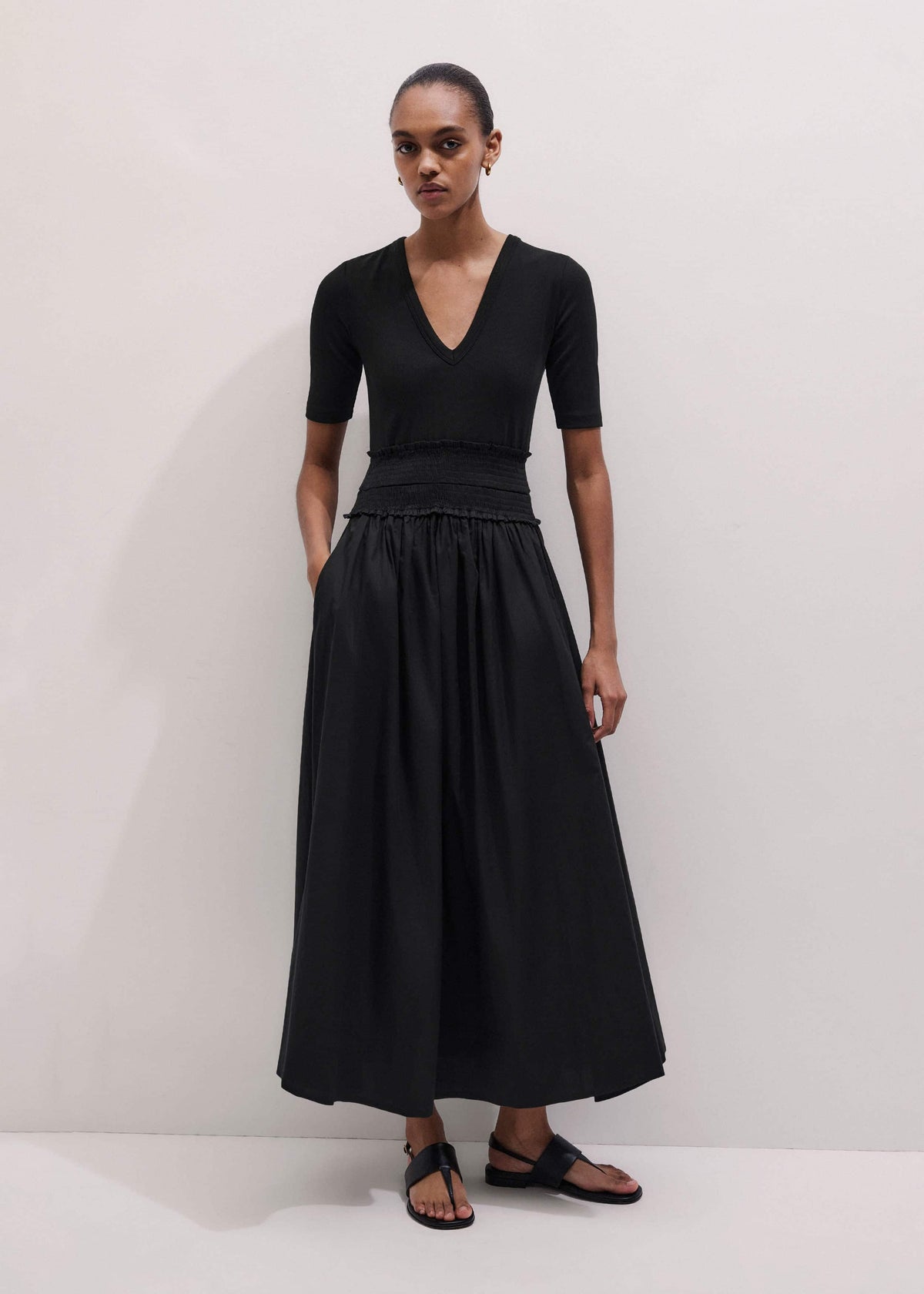 ME+EM Clothing Black V-Neck Smocked Skirt Mixed Media Maxi Dress