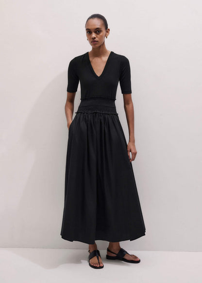 ME+EM Clothing Black V-Neck Smocked Skirt Mixed Media Maxi Dress