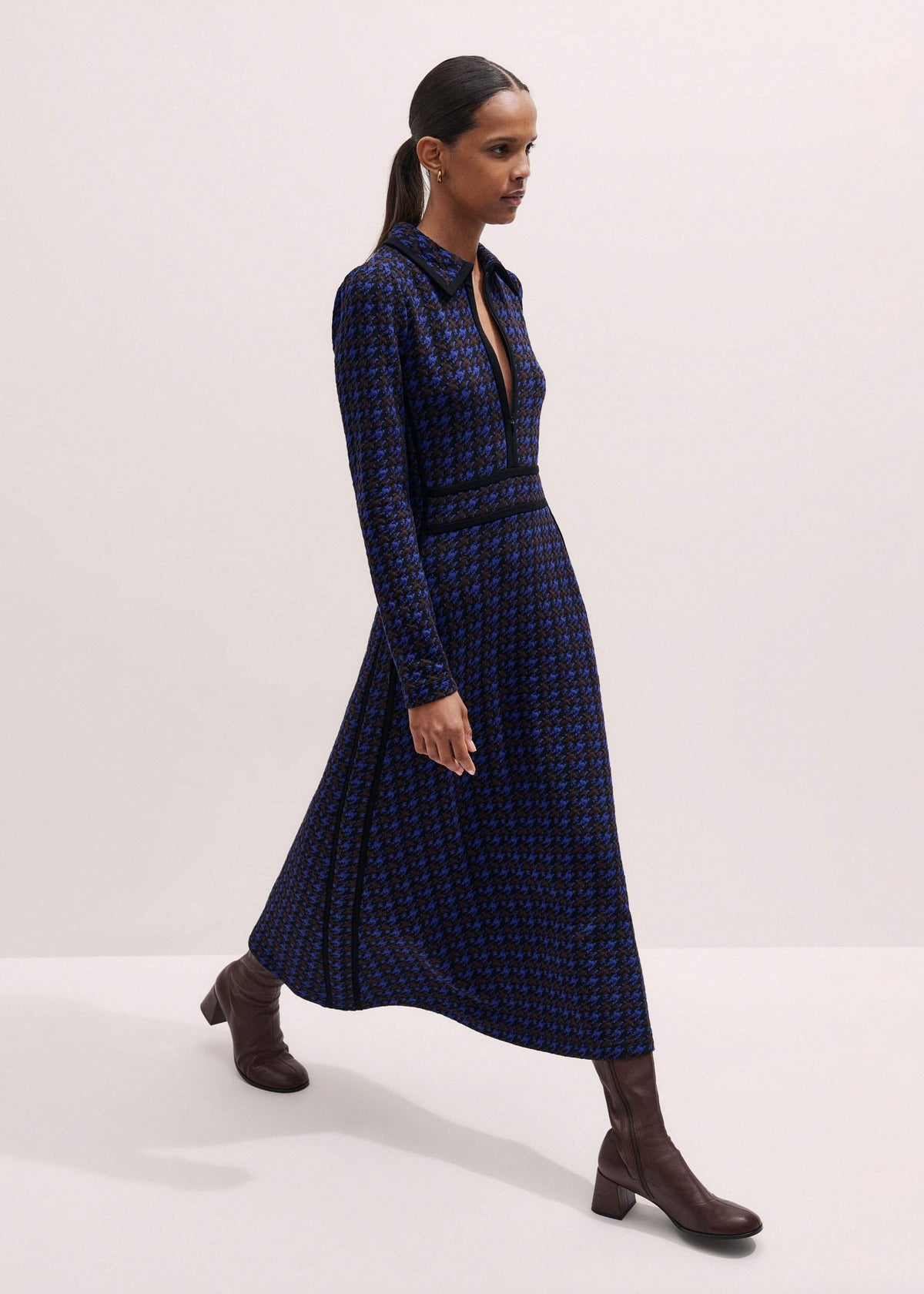 ME+EM Clothing Navy Houndstooth Jacquard Ponte Zip Neck Maxi Dress
